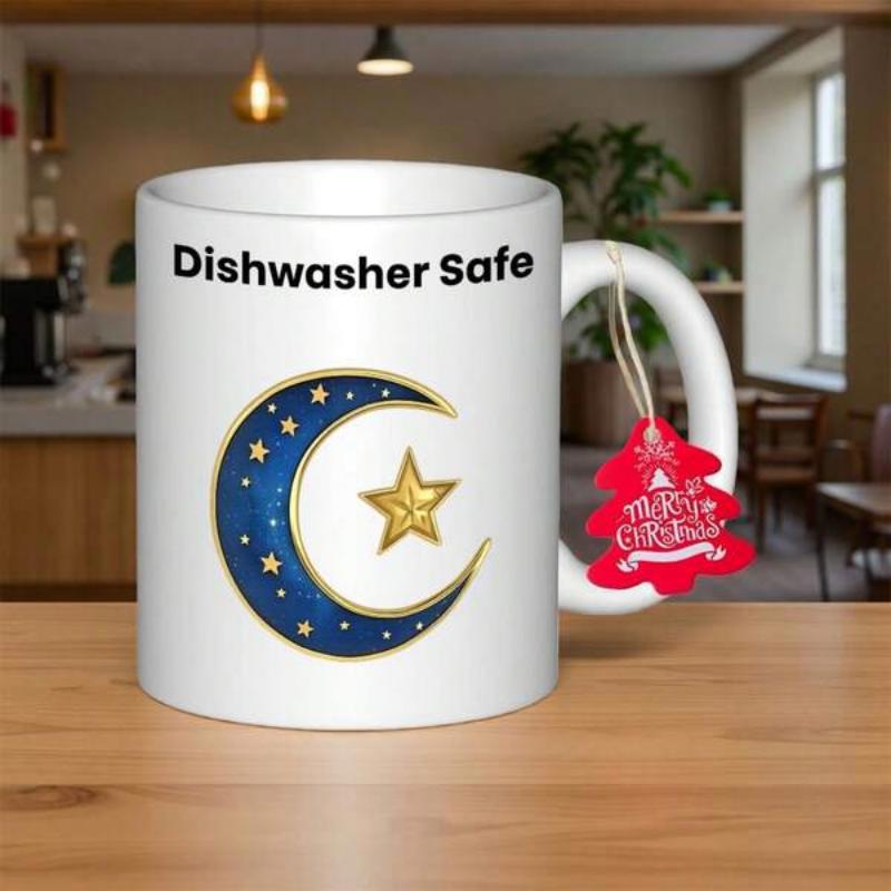 Tailorly White Ceramic 11 oz Mug - Dishwasher Safe Dark Blue Crescent With Golden Tiny Stars And Glowing Celestial Moon