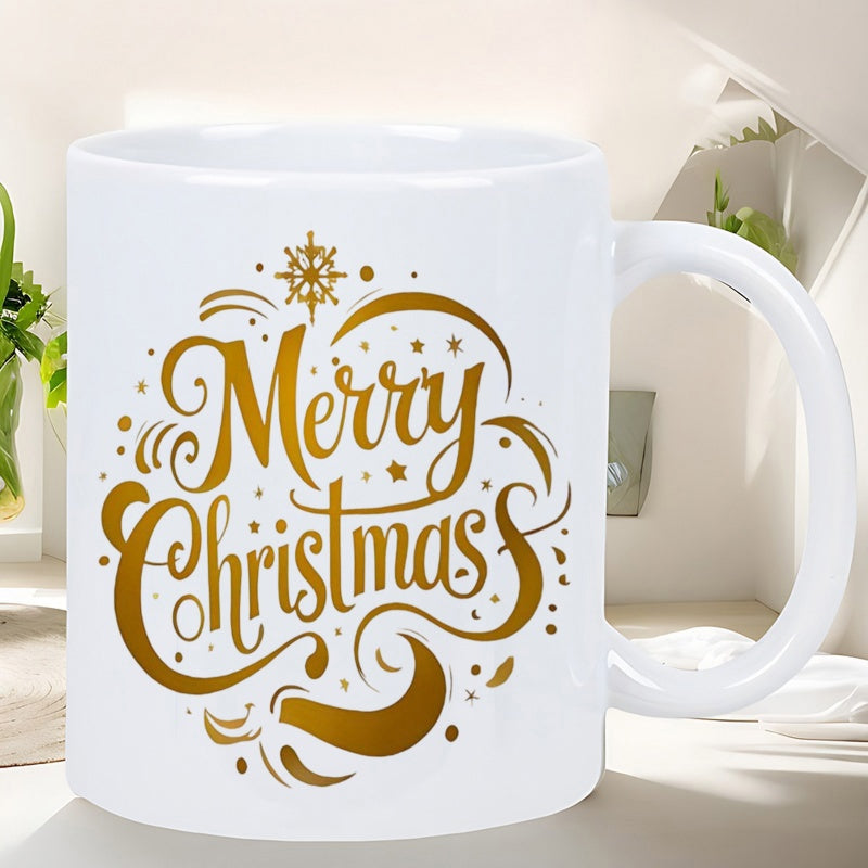 Tailorly White Ceramic 11 oz Mug - Merry Christmas Golden Elegant Calligraphy Featuring Artistic Swirls And Tiny Festive Snowflake