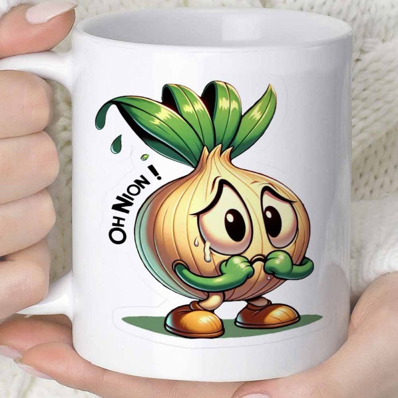 Tailorly White Ceramic 11 oz Mug - Oh Nion Sad Cartoon Character Featuring Green Sprouted Leaves And Small Brown Shoes Onion