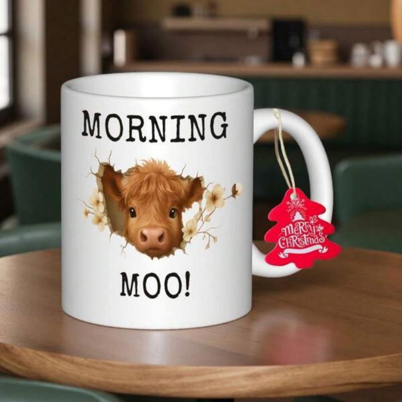 Tailorly White Ceramic 11 oz Mug - Morning Moo Charming Brown Highland Cow Head Surrounded By Delicate Wildflowers Cow