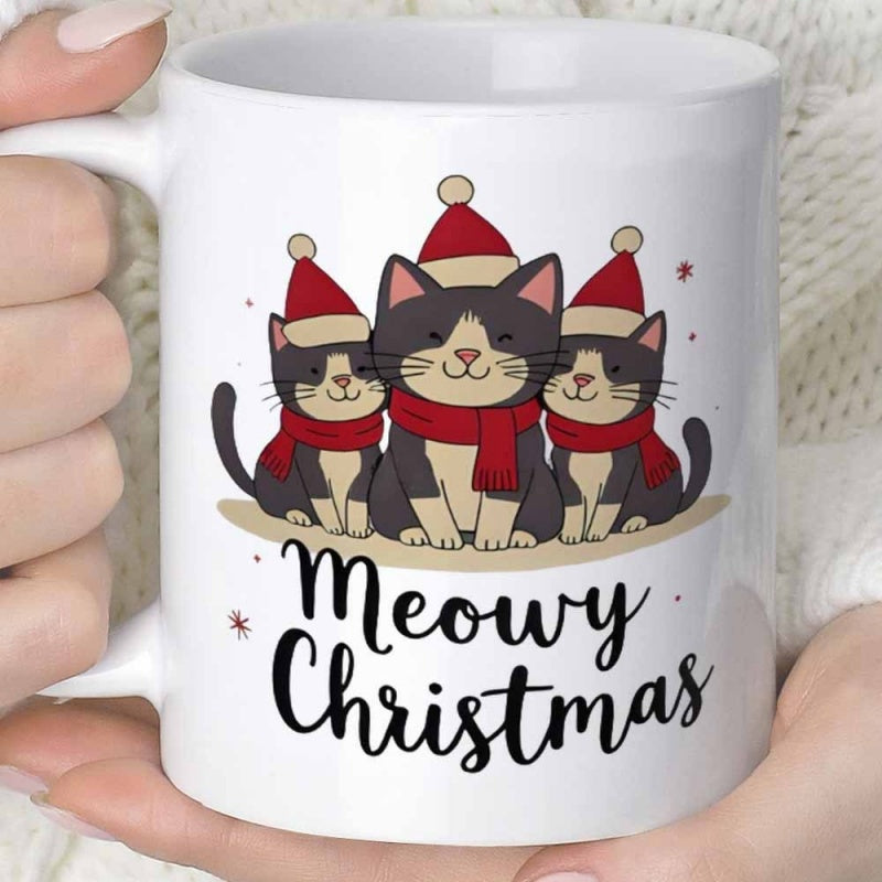 Tailorly White Ceramic 11 oz Mug - Meowy Christmas Three Adorable Cartoon Felines Wearing Red Santa Hats And Warm Scarves Cat