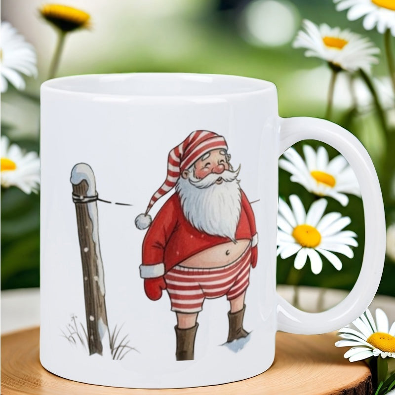Tailorly White Ceramic 11 oz Mug - Whimsical Festive Character Wearing Striped Hat And Underwear Standing In Snow Santa Claus