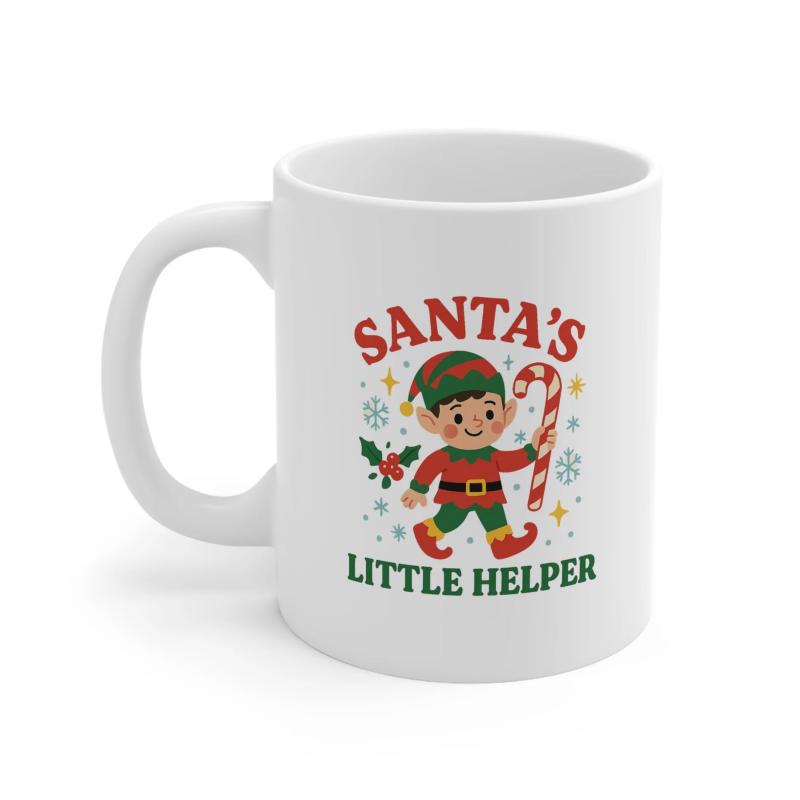 Tailorly White Ceramic 11 oz Mug - Santas Little Helper Cute Cartoon Elf Holding Candy Cane Surrounded By Festive Snowflakes Elf
