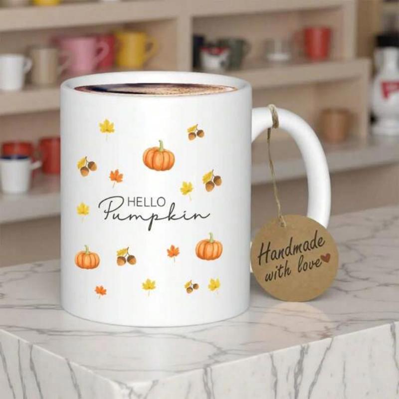 Tailorly White Ceramic 11 oz Mug - Hello Pumpkin Tiny Autumn Leaves Scattered Around Vibrant Orange Harvest Pumpkin