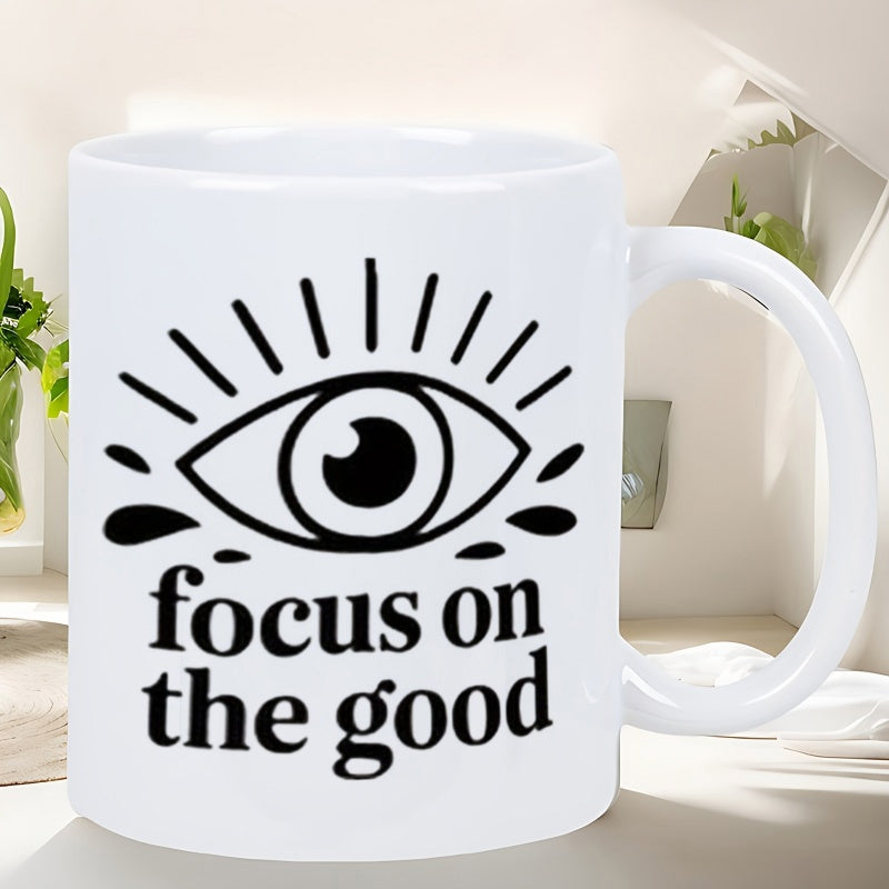 Tailorly White Ceramic 11 oz Mug - Focus On The Good Artistic Minimalist Line Art Stylized Eyelashes With Radiating Sunburst Eye