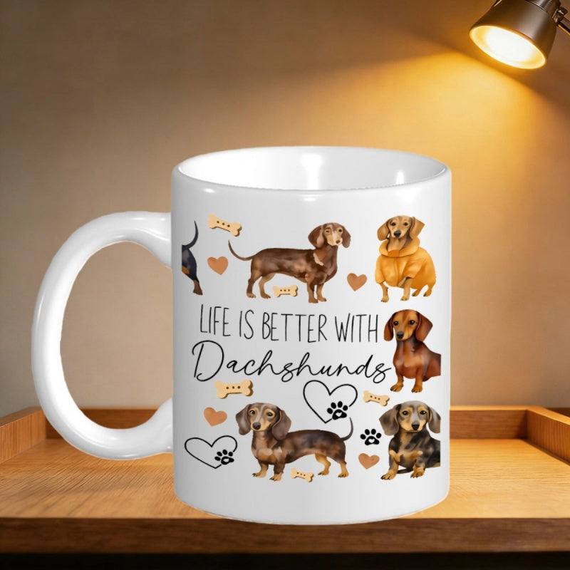 Tailorly White Ceramic 11 oz Mug - Life Is Better With Dachshunds Adorable Brown Sausage Dogs Playing Among Hearts And Tiny Paw Prints Dachshund