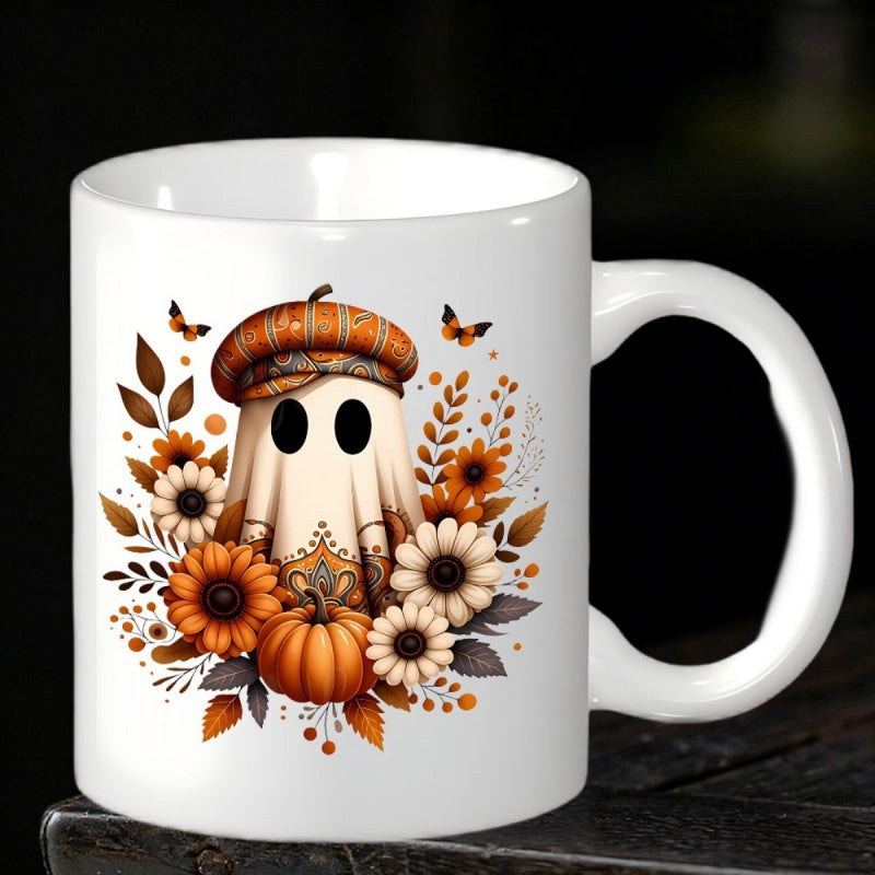 Tailorly White Ceramic 11 oz Mug - Cute Seasonal Illustration Featuring Autumn Flowers And Pumpkins Around A Ghost
