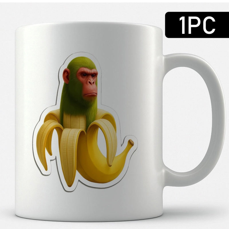 Tailorly White Ceramic 11 oz Mug - Funny Green Creature Emerging From Inside A Vibrant Peeled Yellow Banana Ape