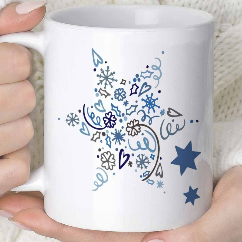 Tailorly White Ceramic 11 oz Mug - Intricate Winter Doodles With Snowflakes And Hearts Forming A Festive Celestial Star