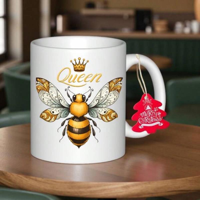 Tailorly White Ceramic 11 oz Mug - Queen Ornate Golden Wings Wearing A Crown With Detailed Patterns Bee