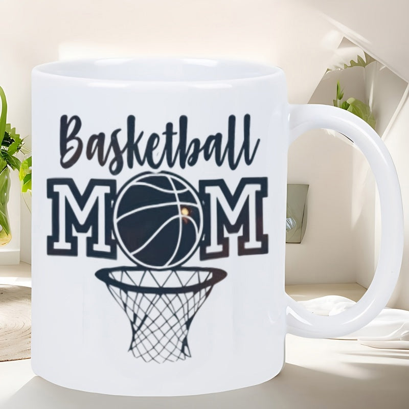Tailorly White Ceramic 11 oz Mug - Basketball Mom Classic Sports Sphere Floating Above Detailed Woven String Hoop Basketball
