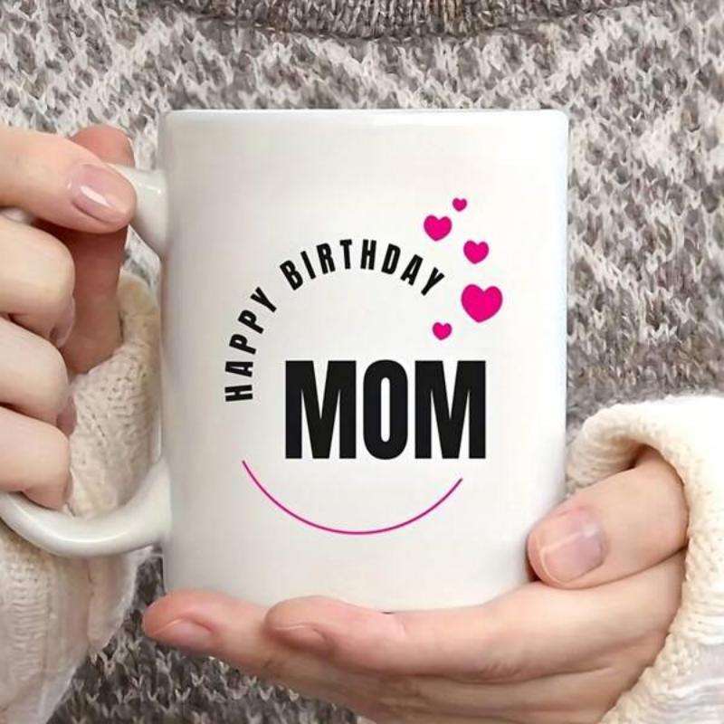 Tailorly White Ceramic 11 oz Mug - Happy Birthday Mom Floating Pink Hearts With Curved Greeting Text And Minimalist Smile Line Heart