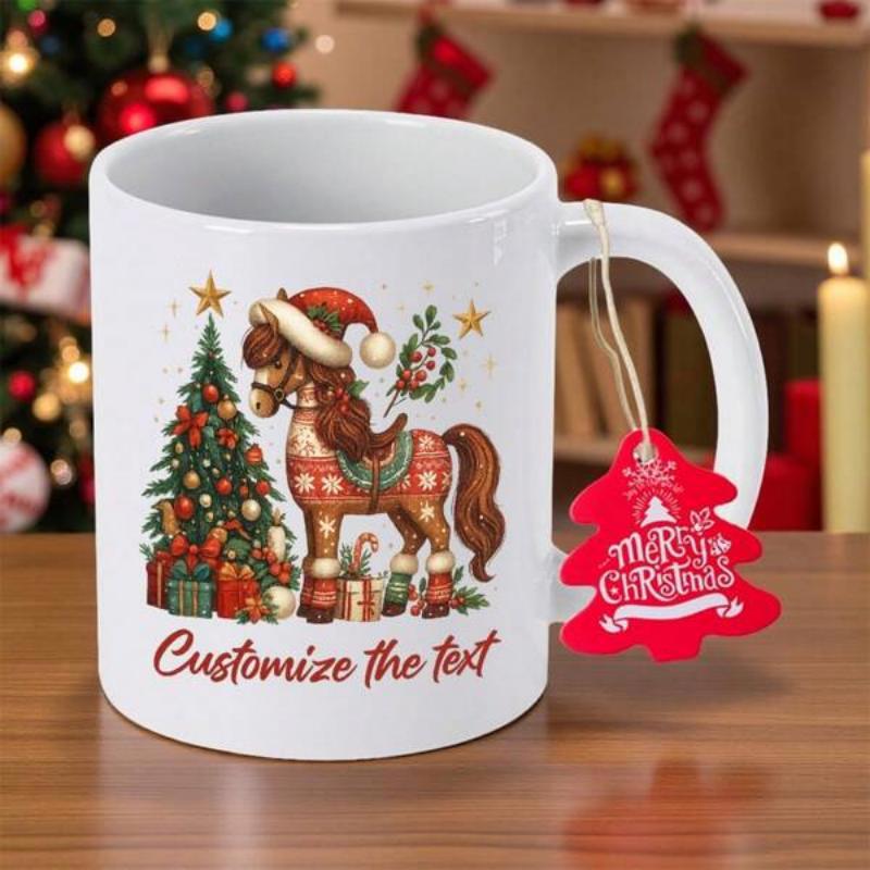 Tailorly White Ceramic 11 oz Mug - Customize The Text Festive Brown Pony Wearing Santa Hat Standing Beside Decorated Christmas Tree Horse