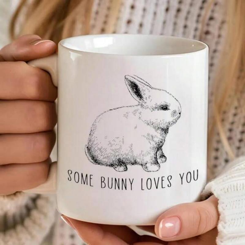 Tailorly White Ceramic 11 oz Mug - Some Bunny Loves You Detailed Hand Drawn Pencil Sketch Of A Small Forest Creature Rabbit