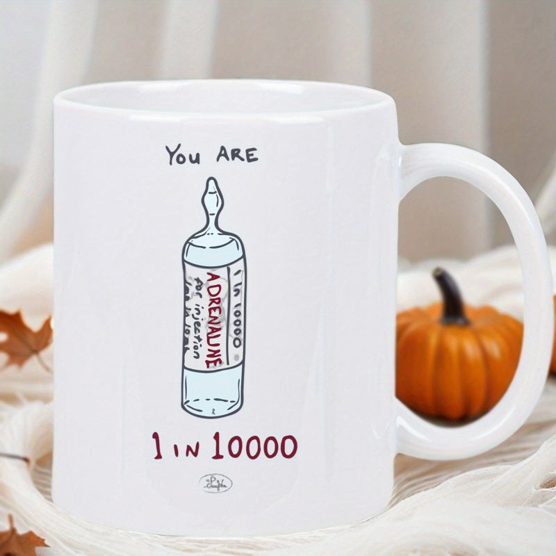 Tailorly White Ceramic 11 oz Mug - You Are 1 In 10000 Hand Drawn Medical Ampule With Adrenaline Label And Clear Liquid Vial