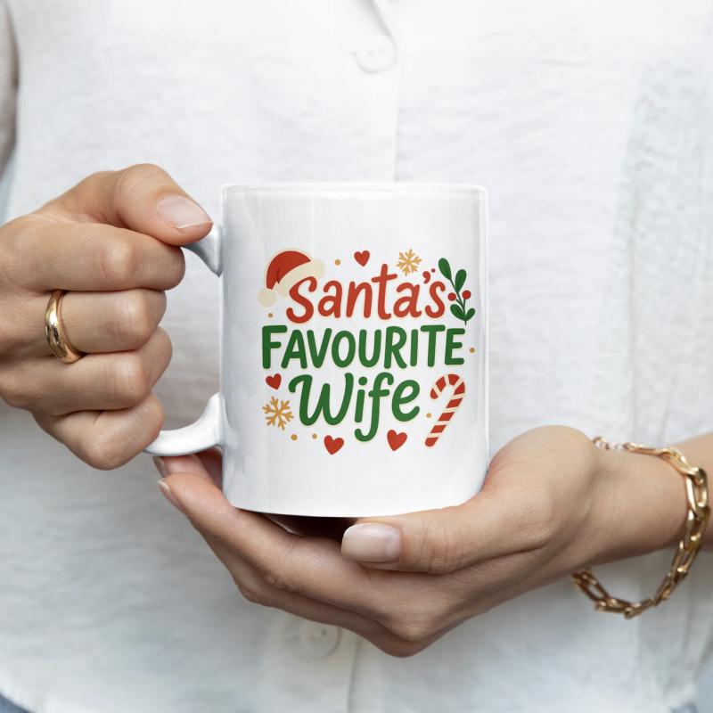 Tailorly White Ceramic 11 oz Mug - Santas Favorite Wife Festive Holiday Decoration With Candy Cane And Santa Hat Mug