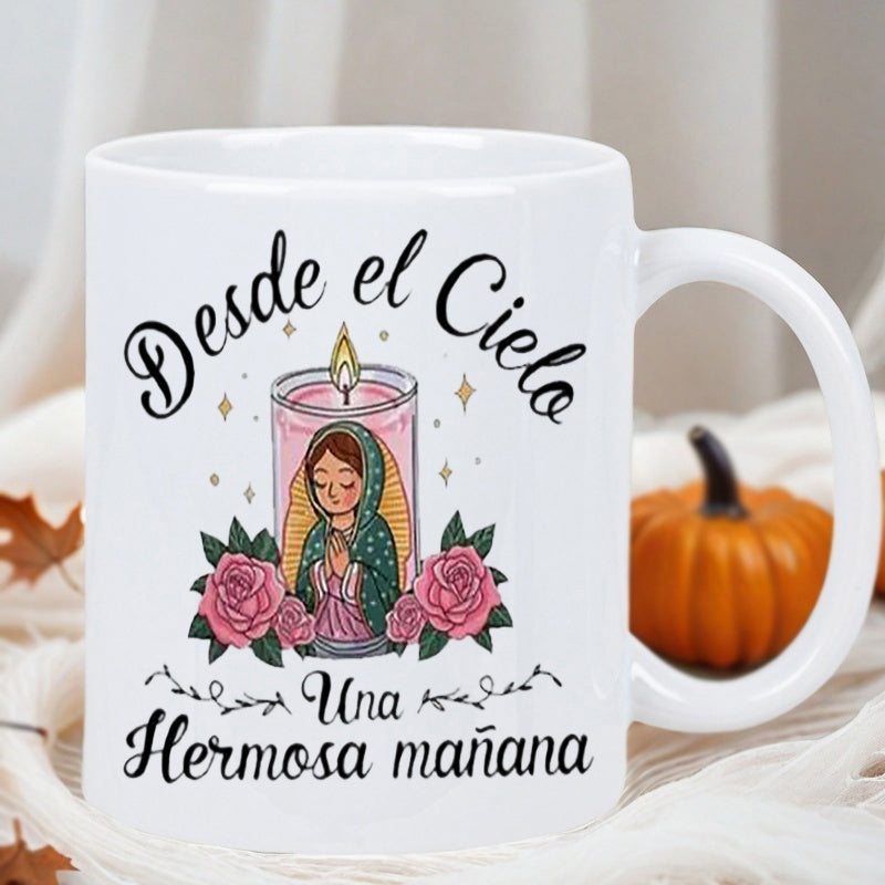 Tailorly White Ceramic 11 oz Mug - Peaceful Religious Lady Glowing Inside A Candle Surrounded By Pink Roses Candle