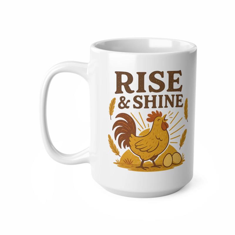 Tailorly White Ceramic 11 oz Mug - Rise Shine Rustic Morning Farmhouse Style With Crowing Bird And Eggs Rooster