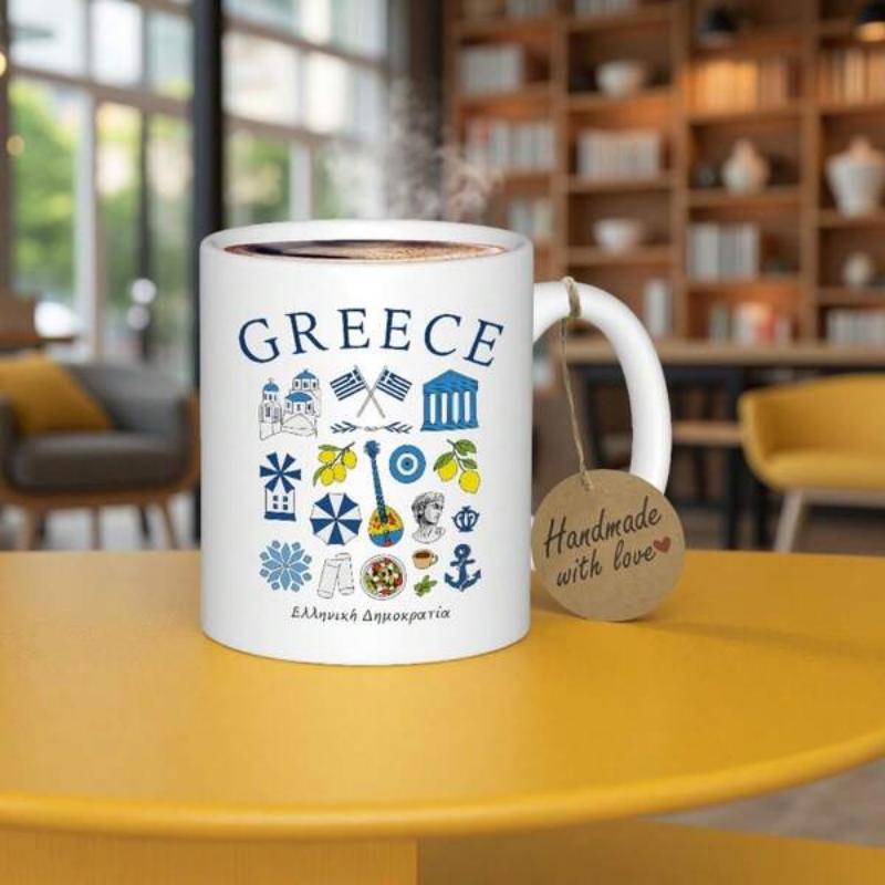 Tailorly White Ceramic 11 oz Mug - Greece Traditional Symbols And Landmarks Arranged In A Decorative Grid Pattern Collection