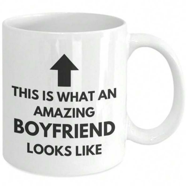 Tailorly White Ceramic 11 oz Mug - This Is What An Amazing Boyfriend Looks Like Simple Solid Black Upward Pointing Minimalist Vector Symbolic Directional Sign