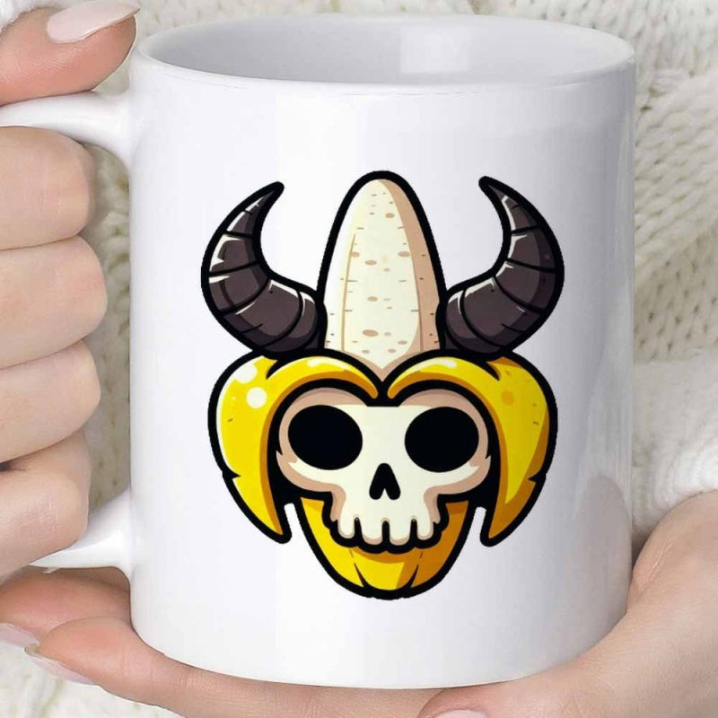 Tailorly White Ceramic 11 oz Mug - Yellow Peeling Fruit With Dark Horns And Eerie Skeleton Face Banana