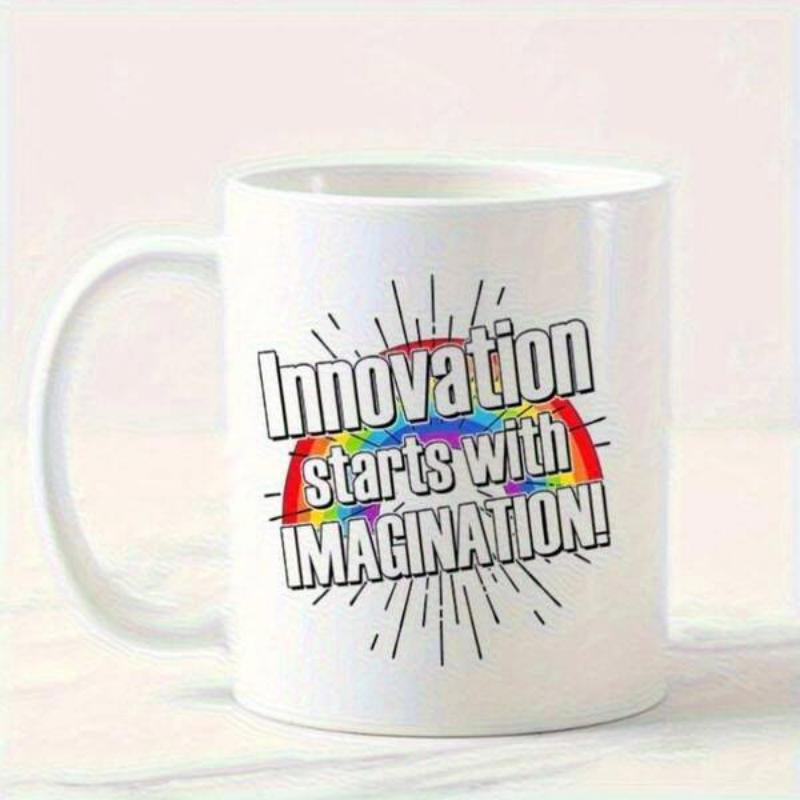 Tailorly White Ceramic 11 oz Mug - Innovation Starts With Imagination Vibrant Colorful Rainbow Arched Under A Radiating Linear Black Sunburst Rainbow