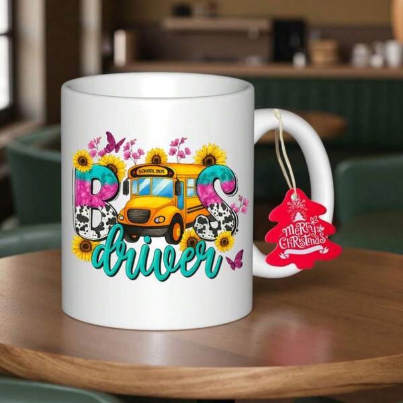 Tailorly White Ceramic 11 oz Mug - Bus Driver Vibrant Sunflowers And Colorful Butterflies Surrounding A Classic Yellow School Bus
