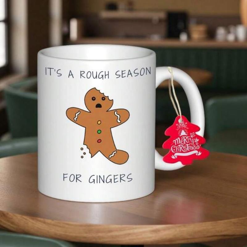 Tailorly White Ceramic 11 oz Mug - Its A Rough Season For Gingers Bitten Broken Festive Cookie Decorated With Colorful Buttons And White Frosting Gingerbread Man