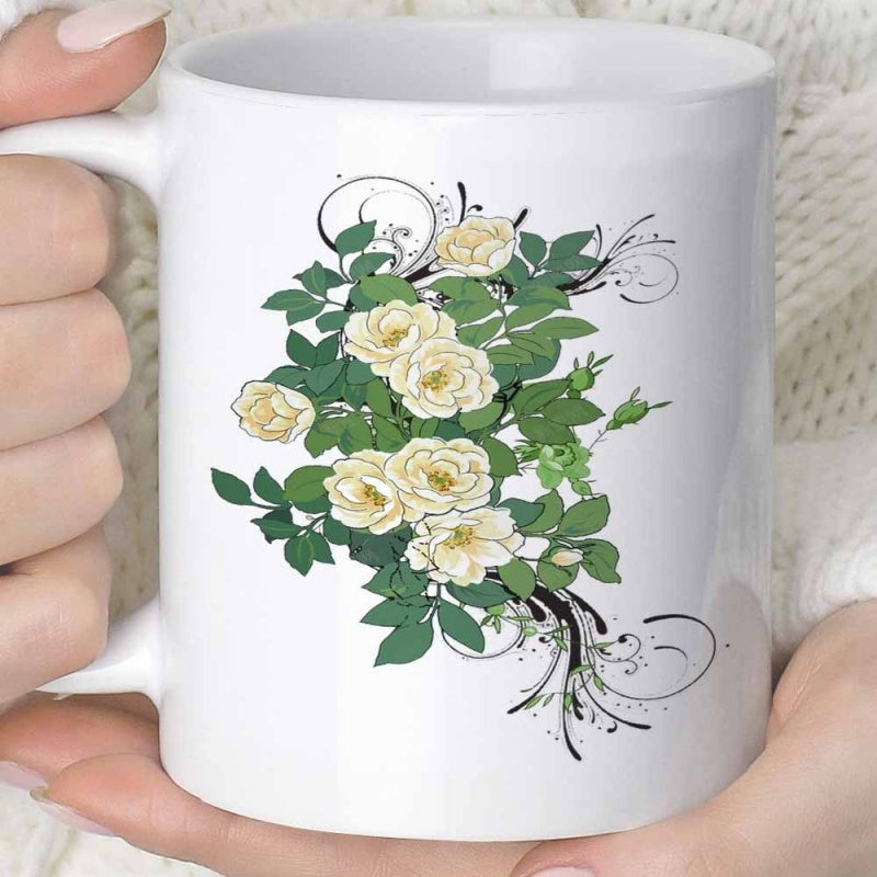 Tailorly White Ceramic 11 oz Mug - Elegant Cream Blossoms Among Lush Green Leaves With Black Artistic Swirls Roses