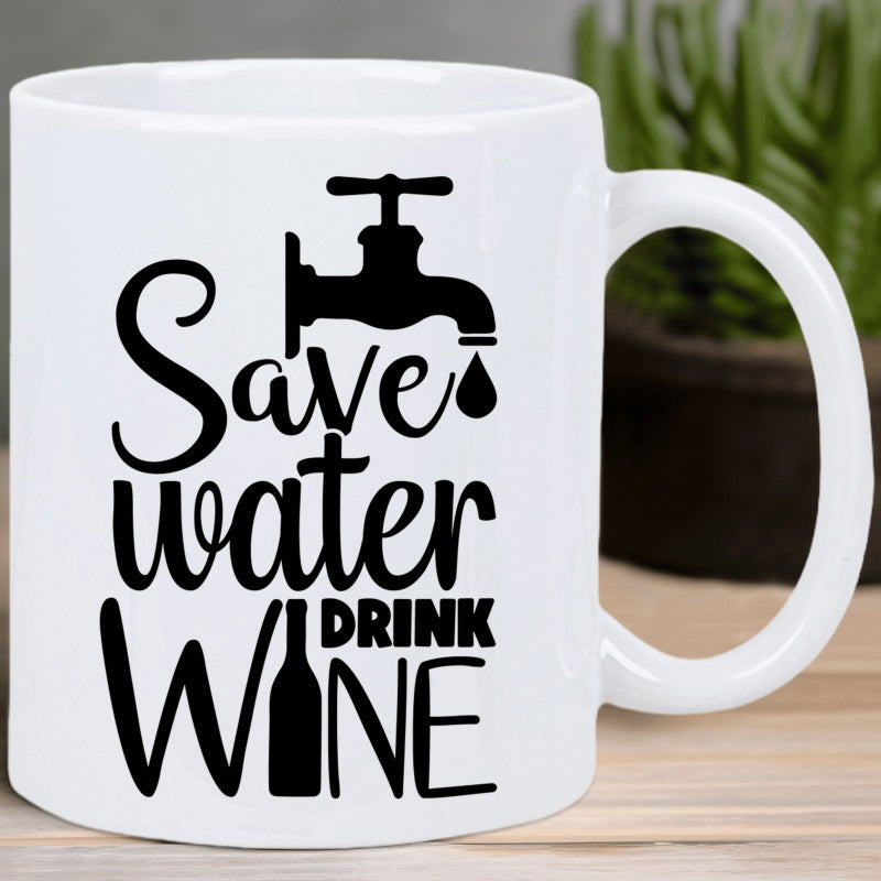 Tailorly White Ceramic 11 oz Mug - Save Water Drink Wine Minimalist Kitchen Faucet Dripping Single Drop Above A Silhouette Wine Bottle Faucet