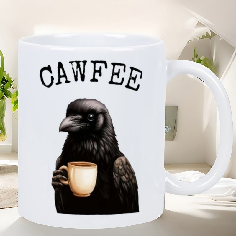 Tailorly White Ceramic 11 oz Mug - Cawfee Dark Feathered Bird Holding A Steaming Miniature Cup Of Coffee Crow