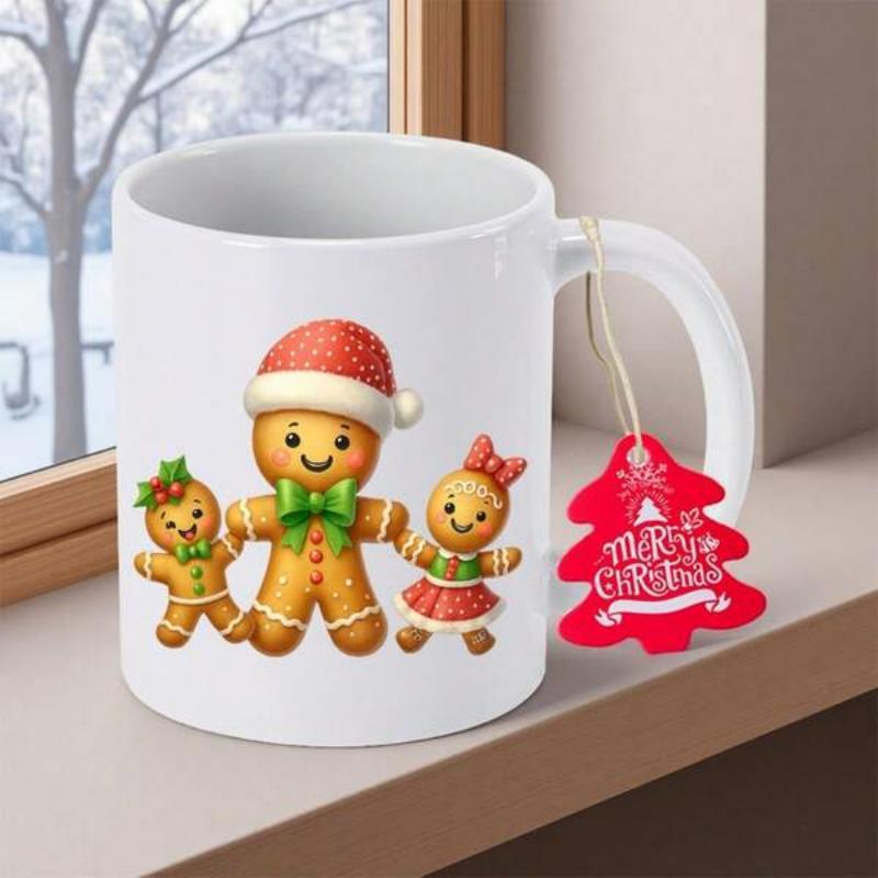 Tailorly White Ceramic 11 oz Mug - Merry Christmas Three Festive Cookies Wearing Colorful Festive Accessories Together Gingerbread Family