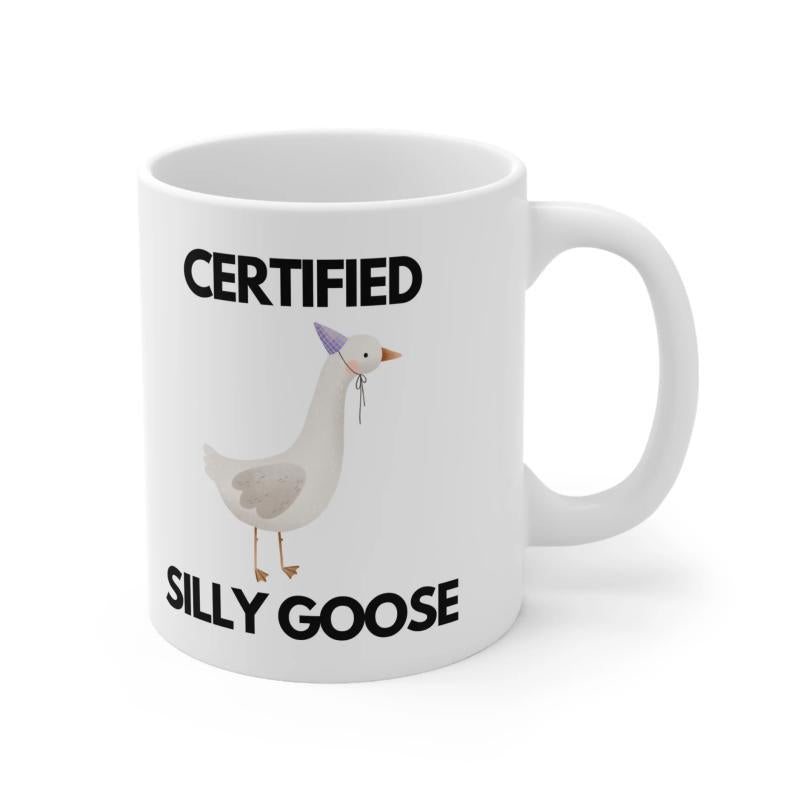 Tailorly White Ceramic 11 oz Mug - Certified Silly Goose Whimsical Cartoon Bird Wearing A Small Purple Party Hat Goose