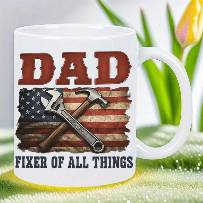 Tailorly White Ceramic 11 oz Mug - Dad Fixer Of All Things Crossed Metal Hammer And Wrench Over A Distressed American Flag Mug