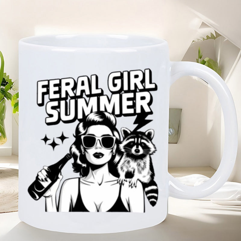 Tailorly White Ceramic 11 oz Mug - Feral Girl Summer Bold Retro Style With Sunglasses And Raccoon Holding Bottle Woman