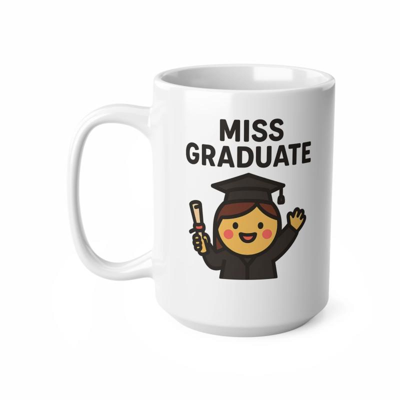 Tailorly White Ceramic 11 oz Mug - Miss Graduate Smiling Cartoon Student Wearing Graduation Cap And Gown Holding A Diploma Girl