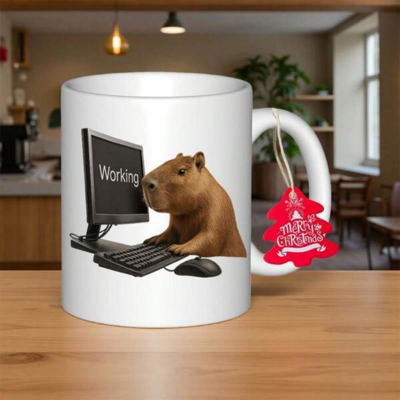 Tailorly White Ceramic 11 oz Mug - Working Merry Christmas Realistic Brown Animal Sitting At Desk Using Computer Capybara