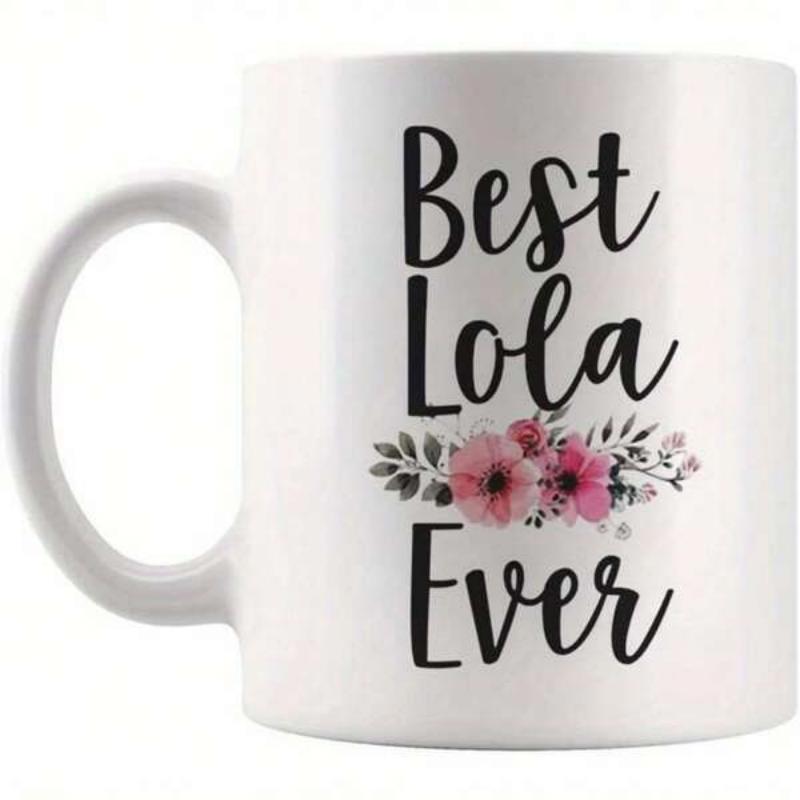 Tailorly White Ceramic 11 oz Mug - Best Lola Ever Delicate Pink Watercolor Blossoms With Elegant Grey Leaves And Petals Flower