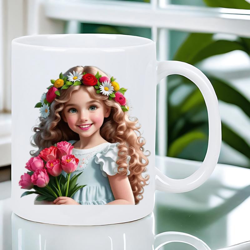 Tailorly White Ceramic 11 oz Mug - Lovely Girl With Long Curly Hair Wearing Vibrant Floral Wreath Holding Roses Girl