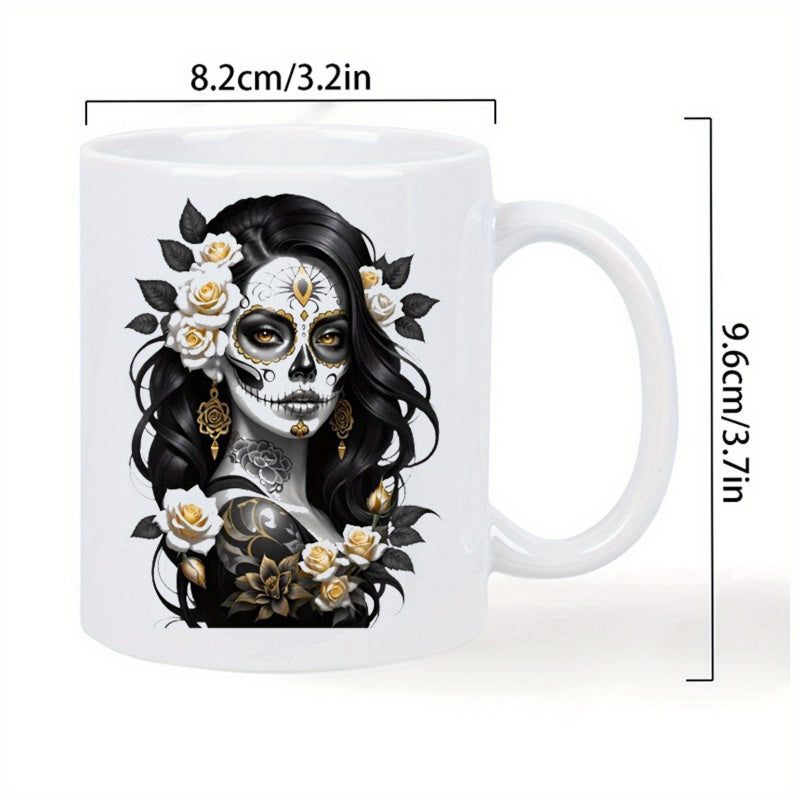 Tailorly White Ceramic 11 oz Mug - Sugar Skull Lady With Golden Roses And Long Wavy Dark Hair Woman
