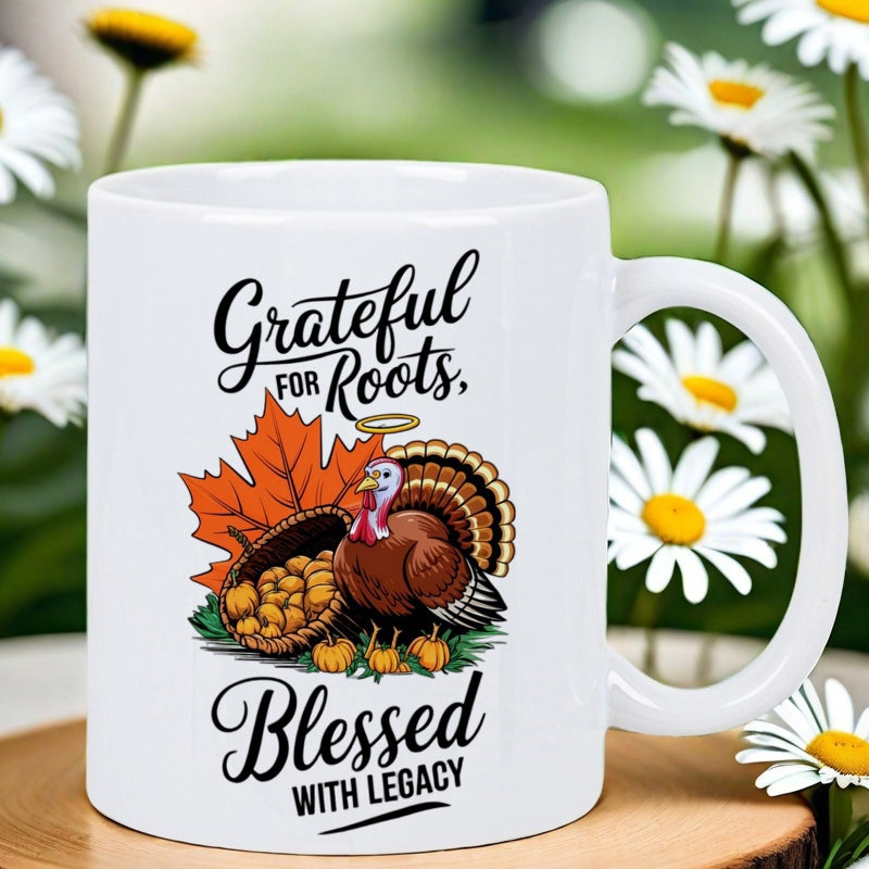 Tailorly White Ceramic 11 oz Mug - Grateful For Roots Blessed With Legacy Thanksgiving Harvest Theme Featuring Cornucopia And Colorful Autumn Maple Leaf Turkey