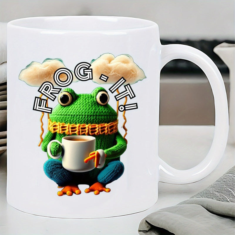 Tailorly White Ceramic 11 oz Mug - Frog It Knitted Green Character Wearing Scarf Holding Small Coffee Cup Frog