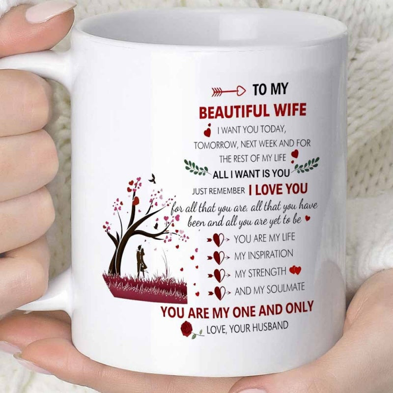 Tailorly White Ceramic 11 oz Mug - To My Beautiful Wife Artistic Tree With Heart Shaped Leaves And Silhouette Couple Under Branches Tree