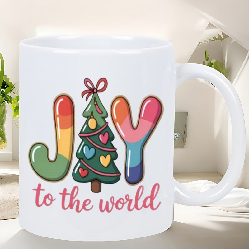 Tailorly White Ceramic 11 oz Mug - Joy To The World Festive Christmas Tree Decorated With Hearts Among Artistic Letters Tree