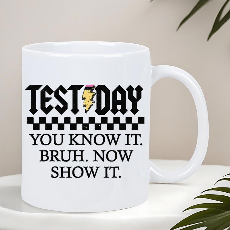 Tailorly White Ceramic 11 oz Mug - Test Day You Know It Bruh Now Show It Sharp Pencil Lightning Bolt Above Classic Black And White Checkered Stripe Mug