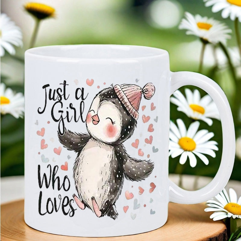 Tailorly White Ceramic 11 oz Mug - Just A Girl Who Loves Adorable Small Penguin Wearing Pink Beanie Surrounded By Floating Pink Hearts Penguin