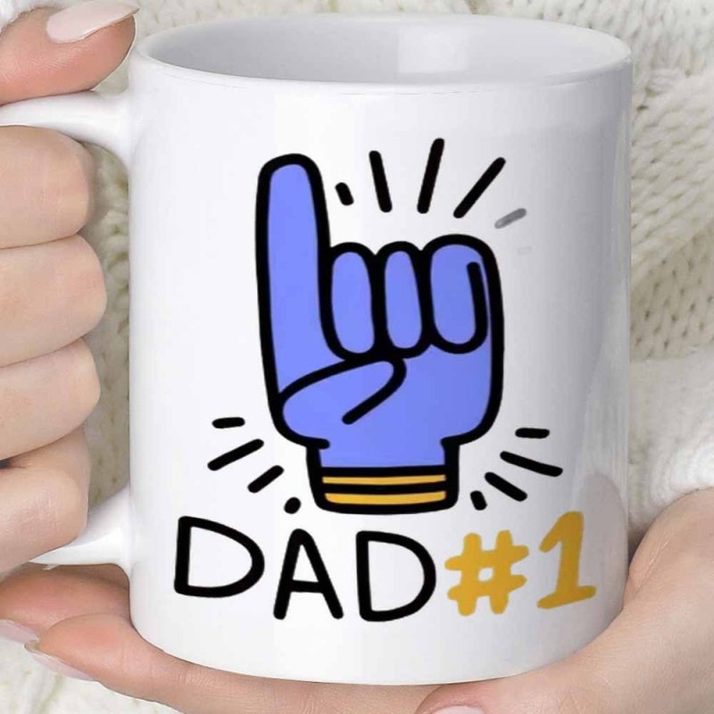 Tailorly White Ceramic 11 oz Mug - Dad 1 Iconic Blue Foam Hand Pointing Upward Among Energetic Lines Foam Finger
