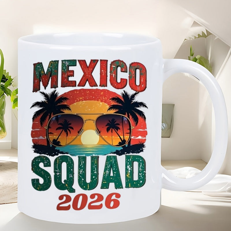 Tailorly White Ceramic 11 oz Mug - Mexico Squad 2026 Distressed Retro Sunset With Palm Trees And Tropical Summer Sunglasses