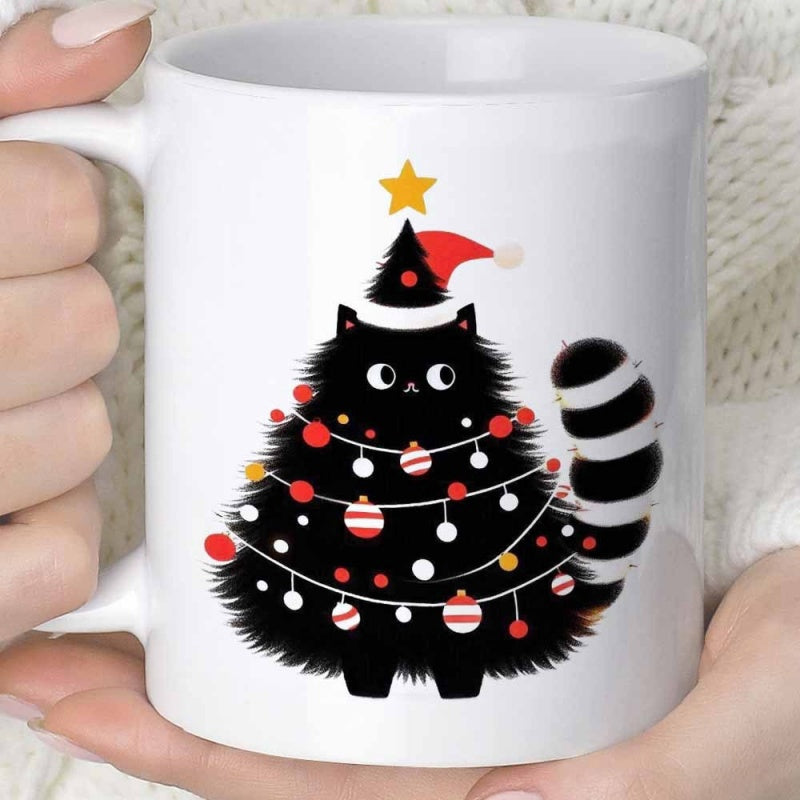 Tailorly White Ceramic 11 oz Mug - Festive Fluffy Shape Of Christmas Tree Adorned With Ornaments Star Cat