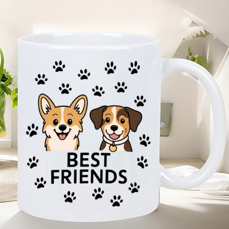 Tailorly White Ceramic 11 oz Mug - Best Friends Cute Corgi And Beagle Heads Surrounded By Tiny Black Paw Prints Dog